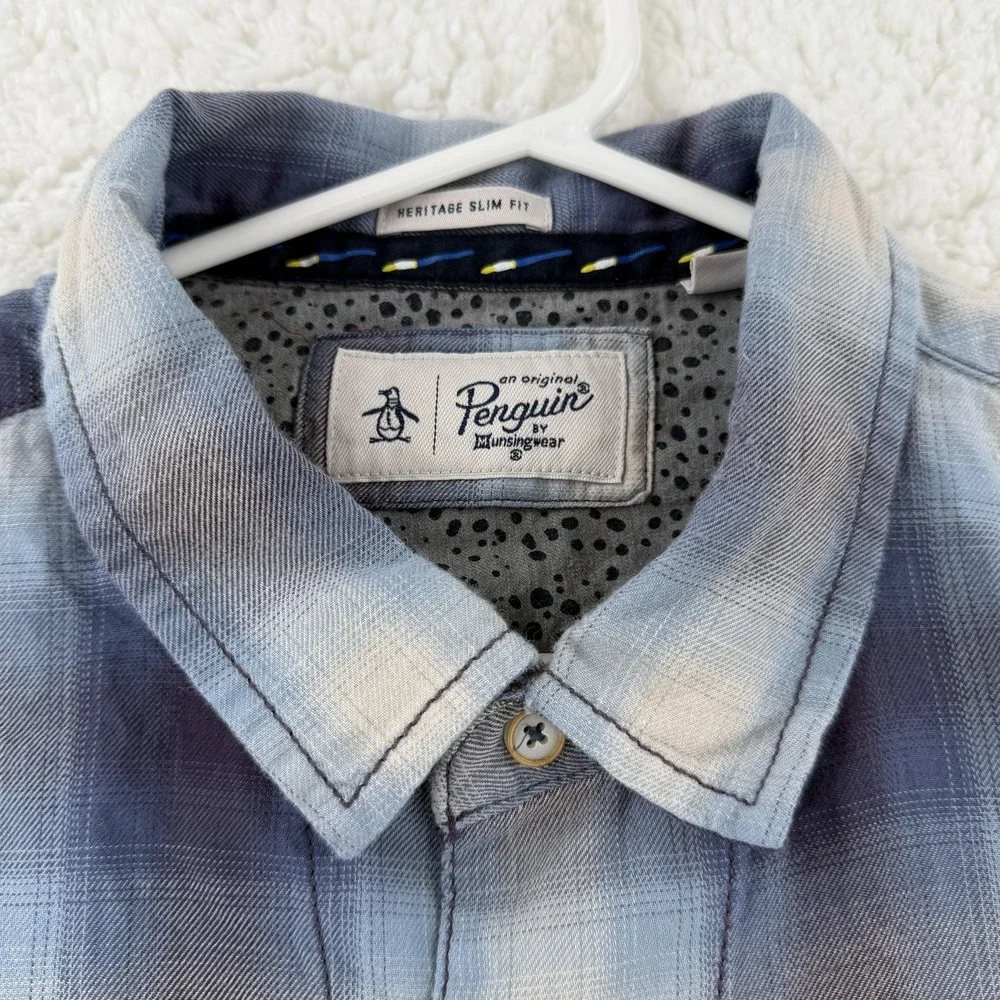 Original‎ Penguin Shirt Mens 2XL Blue Plaid Long Sleeve Button Up Slim Flannel